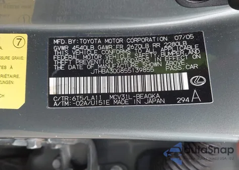 2005 Lexus Es 330 из США, поврежденный, VIN JTHBA30G855139855